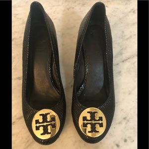 Tory Burch Black and Gold Heels with Signature Logo